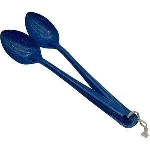Large 14"‎ Blue Graniteware Enamelware Metal Serving Stirring Spoons Set of 2